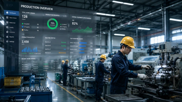 lantai produksi modern dengan pekerja mengoperasikan mesin, dilapisi elemen dashboard digital transparan yang menampilkan grafik status produksi real-time. 