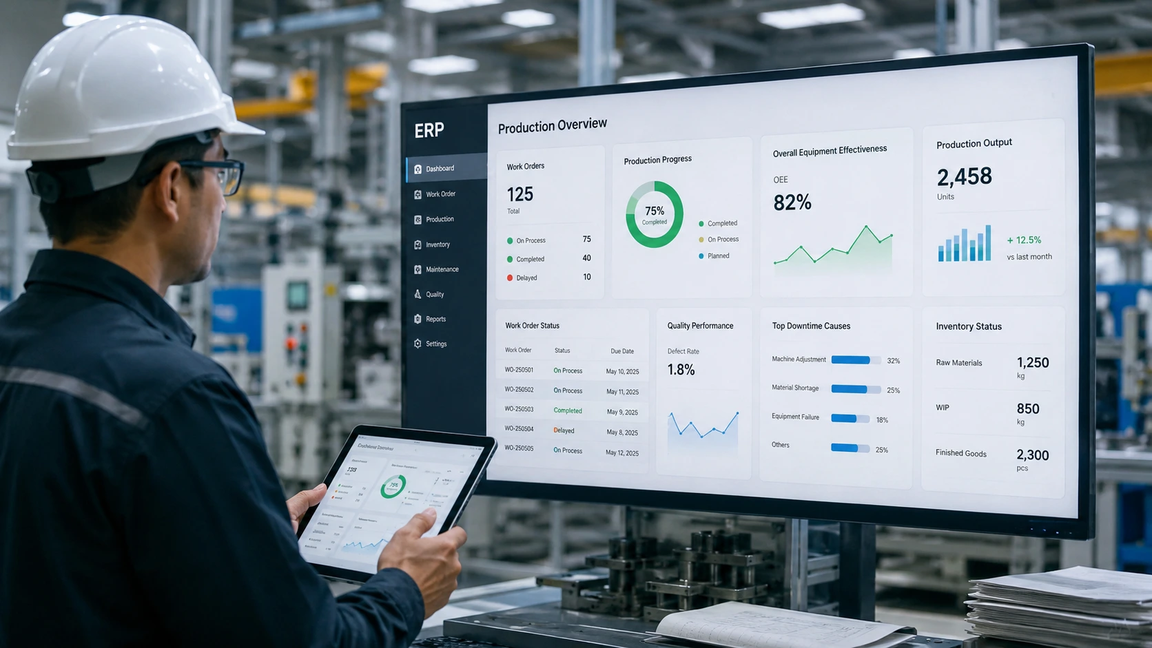 dashboard ERP di layar tablet yang menampilkan daftar work order dengan status berwarna (hijau untuk selesai, kuning untuk sedang berjalan, merah untuk tertunda), dilihat dari sudut pandang seorang supervisor produksi di lantai pabrik.