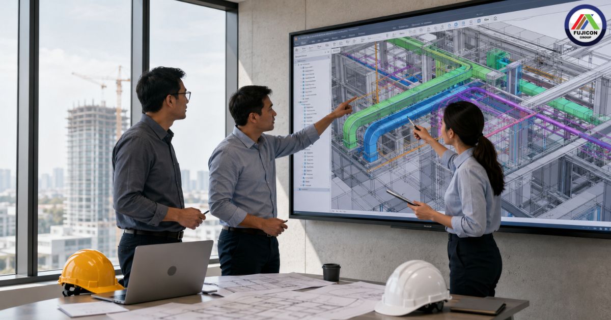 Visualisasi rapat koordinasi proyek konstruksi menggunakan model BIM 3D, dengan arsitek, engineer struktur, dan MEP berdiskusi untuk mendeteksi konflik antar elemen bangunan secara kolaboratif.