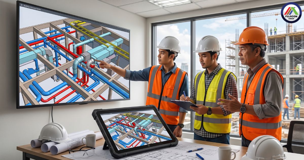Gambar menampilkan tim proyek konstruksi sedang melakukan review BIM pra-konstruksi, dengan fokus pada koordinasi sistem mekanikal, ducting, dan jalur kabel untuk mendeteksi potensi masalah sebelum pekerjaan dimulai.