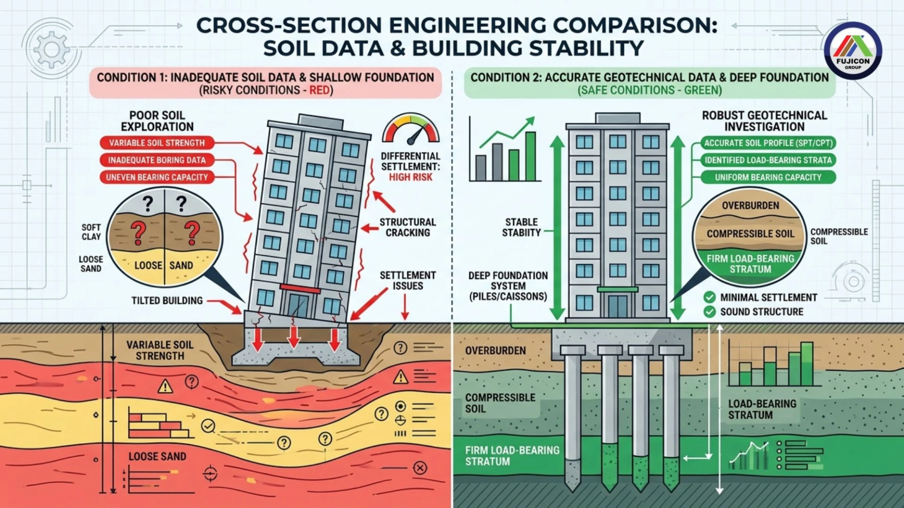Perbandingan dampak desain pondasi tanpa data geoteknik memadai (kiri) dan desain yang didukung investigasi tanah menyeluruh (kanan) terhadap stabilitas jangka panjang bangunan.