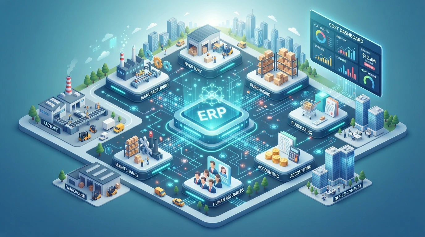 Gambar 3. Integrasi modul ERP yang menyatukan data biaya overhead.