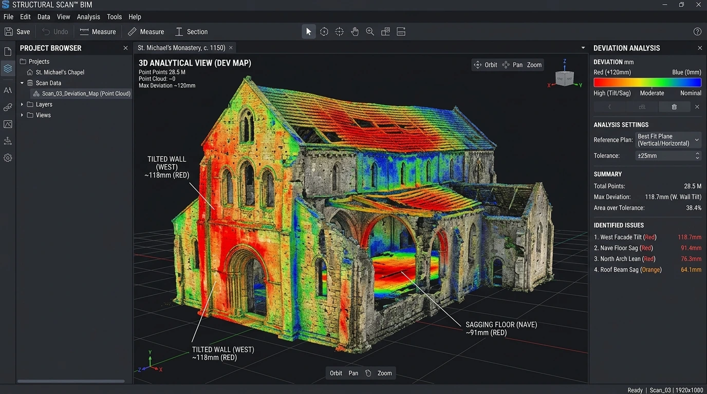 Analisis deviasi point cloud untuk mendeteksi kemiringan dan deformasi elemen bangunan.