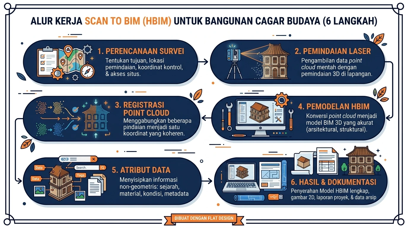 Alur kerja Scan to BIM untuk bangunan heritage dari survei hingga deliverables.