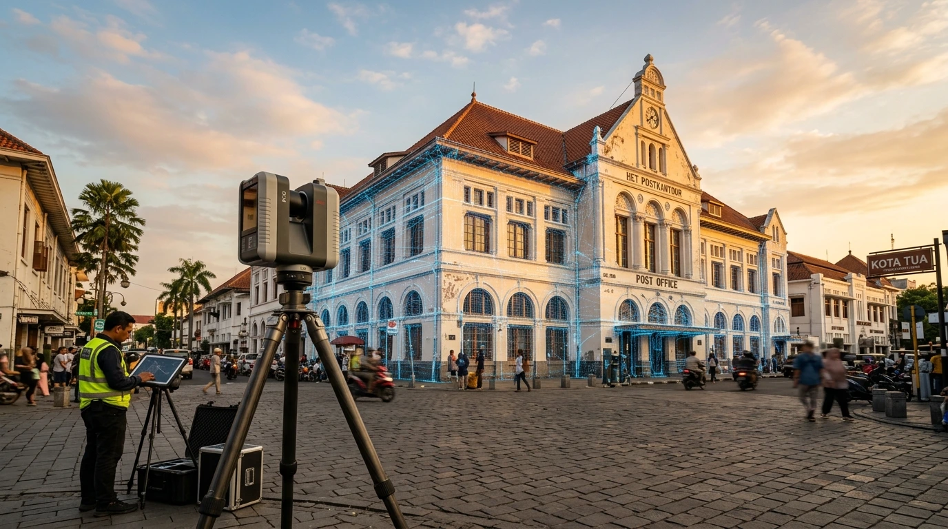 Proses pemindaian laser 3D pada fasad bangunan kolonial bersejarah.