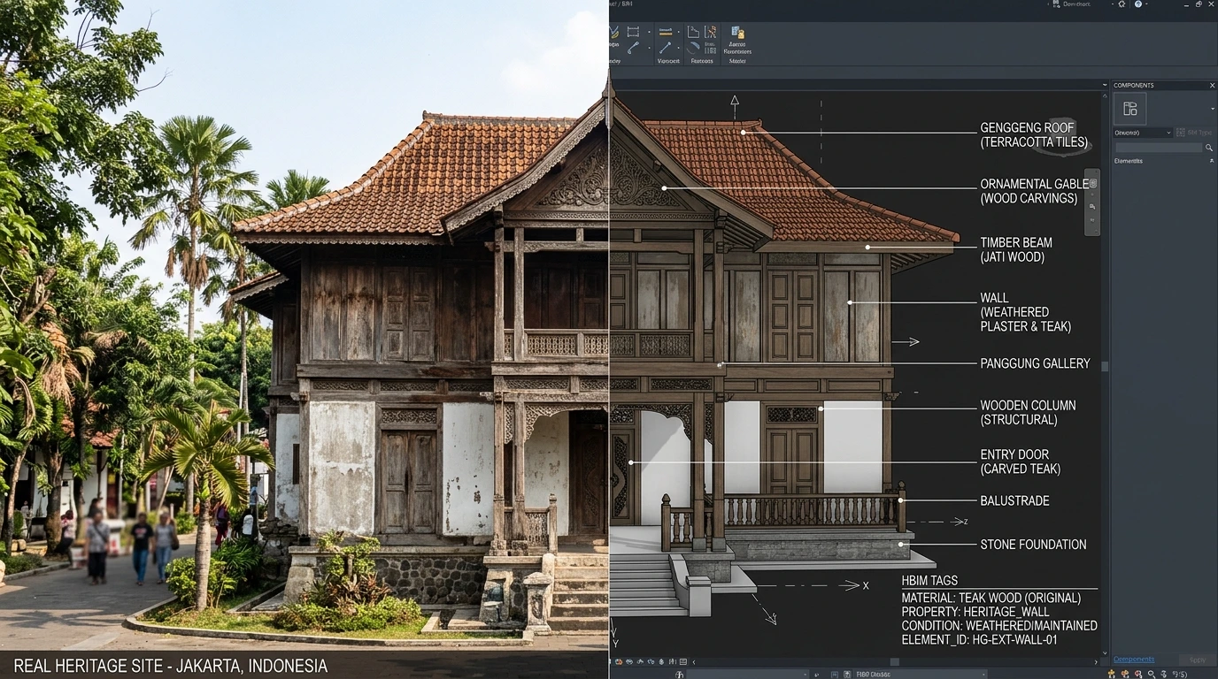Perbandingan kondisi nyata bangunan heritage dengan model HBIM hasil BIM Scanning.