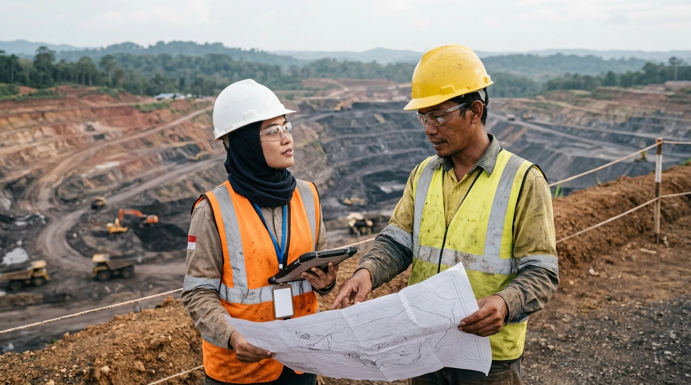 Dua insinyur tambang memeriksa peta cetak sambil mengamati area penggalian di belakang mereka.