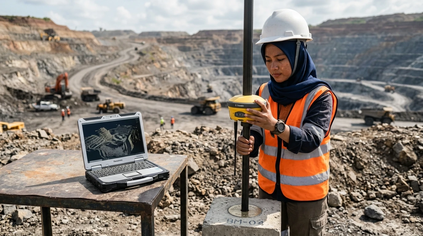 Surveyor memeriksa penanda titik kontrol di jenjang tambang dengan penerima GNSS.