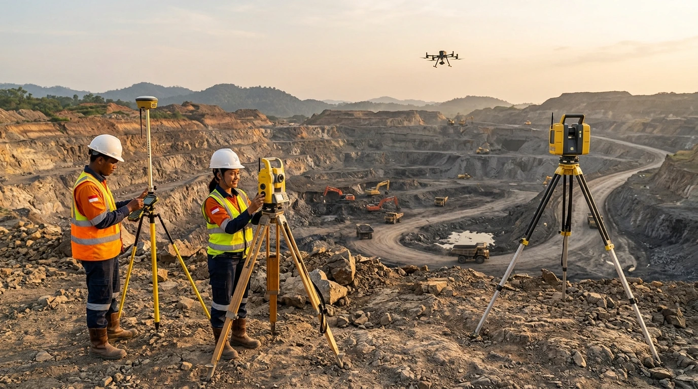 Tim survei memakai GNSS RTK, total station, drone, dan pemindai LiDAR di tambang terbuka.