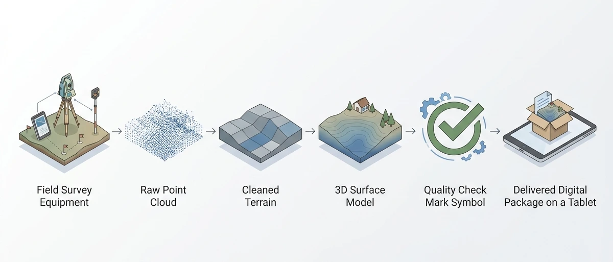 Diagram alur dari pengukuran lapangan hingga data topografi digital siap pakai.