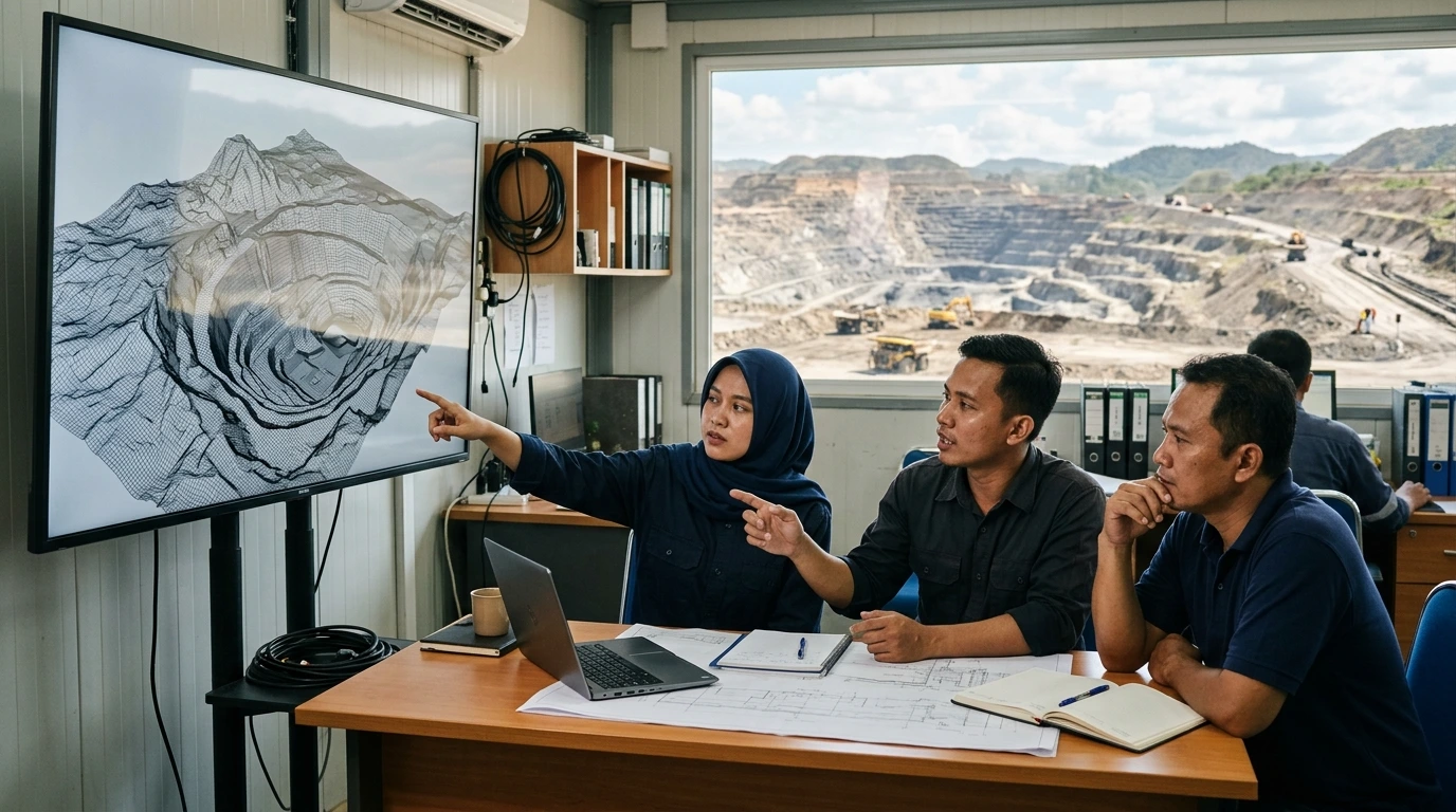 Tim perencanaan tambang meninjau model terrain 3D di ruang kerja.