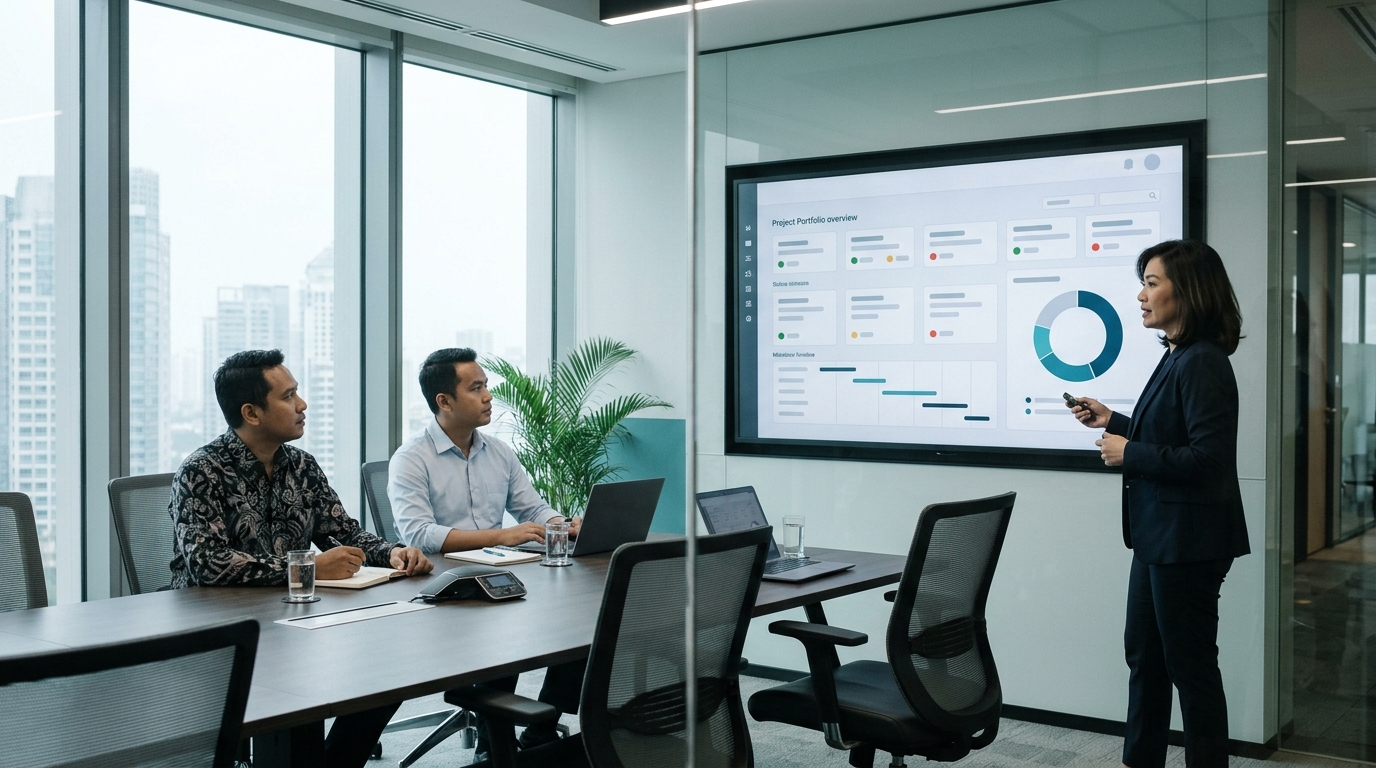 Project director meninjau status beberapa proyek konsultansi pada layar dashboard