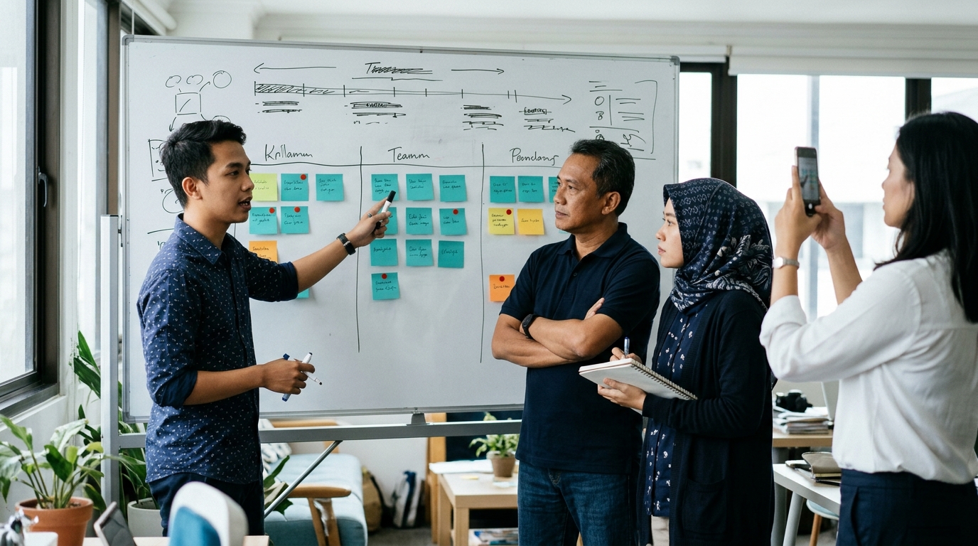 Tim konsultan Indonesia berdiskusi di depan timeline dan task board digital dalam rapat koordinasi proyek