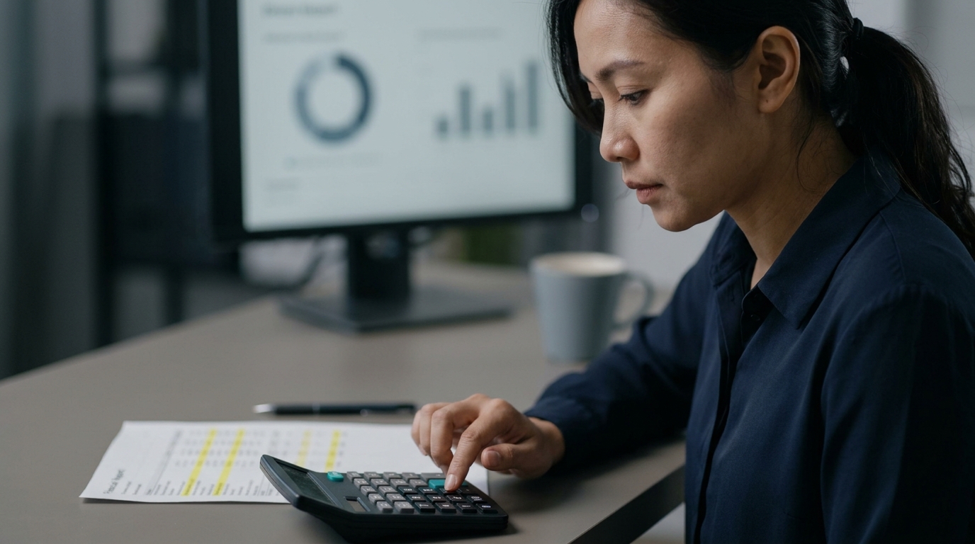 Finance manager Indonesia mengevaluasi biaya aktual dan margin proyek melalui dashboard keuangan
